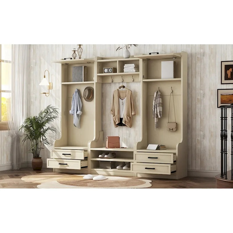 Vestiaire 4-en-1 détachable en MDF blanc avec armoires de rangement, tiroirs, crochets et banc à chaussures pour 1
