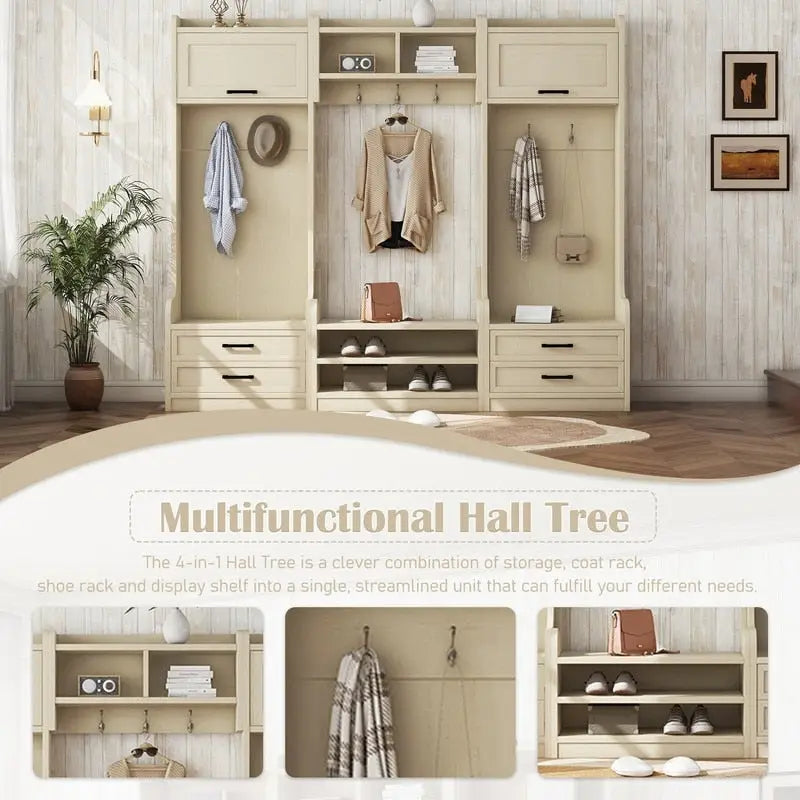 Vestiaire 4-en-1 détachable en MDF blanc avec armoires de rangement, tiroirs, crochets et banc à chaussures pour 1