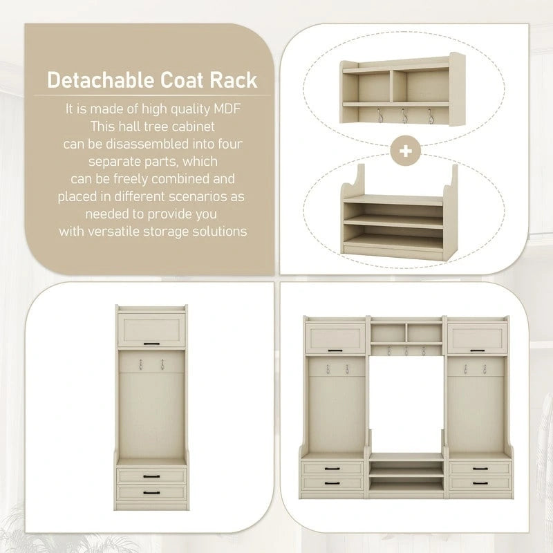 Vestiaire 4-en-1 détachable en MDF blanc avec armoires de rangement, tiroirs, crochets et banc à chaussures pour 1