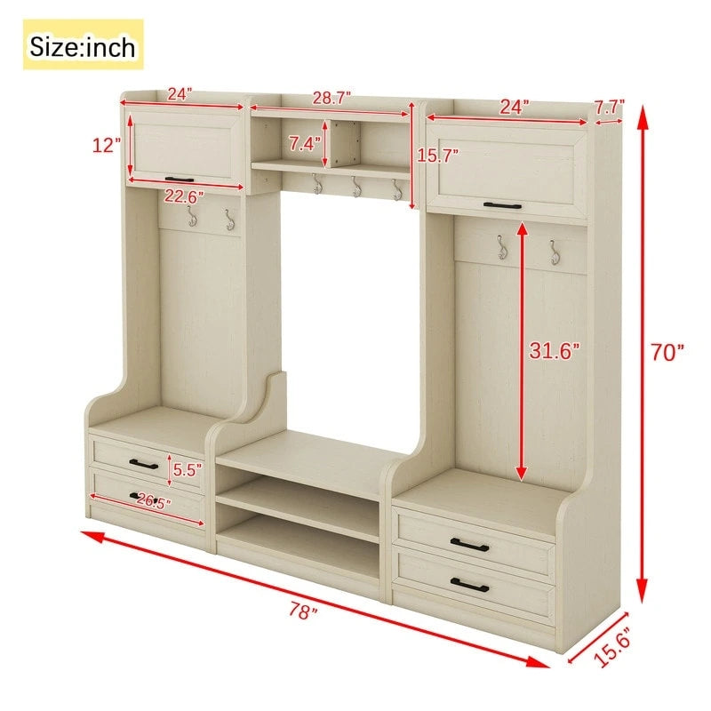 Vestiaire 4-en-1 détachable en MDF blanc avec armoires de rangement, tiroirs, crochets et banc à chaussures pour 1