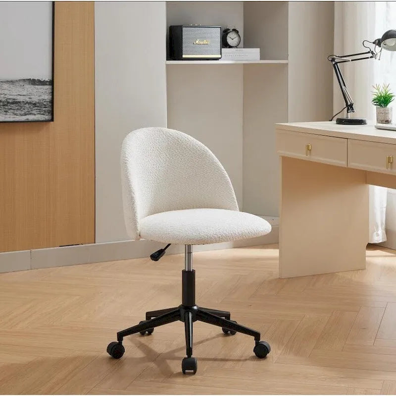 Chaise de bureau pivotante mi-dossier en bouclette blanc/noir ou gris/noir avec pieds et roulettes en métal noir pour 1 personne