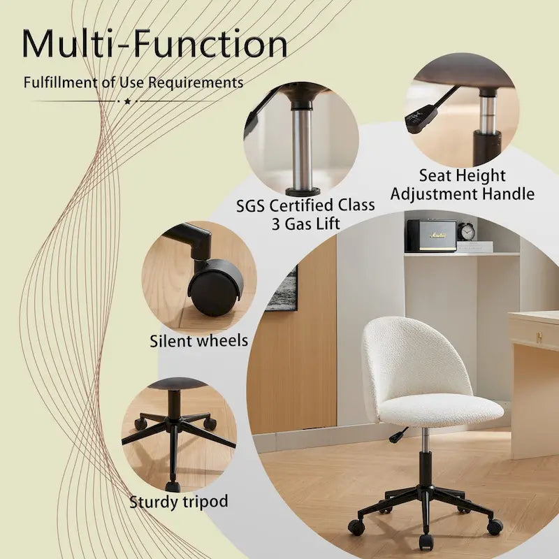 Chaise de bureau pivotante mi-dossier en bouclette blanc/noir ou gris/noir avec pieds et roulettes en métal noir pour 1 personne