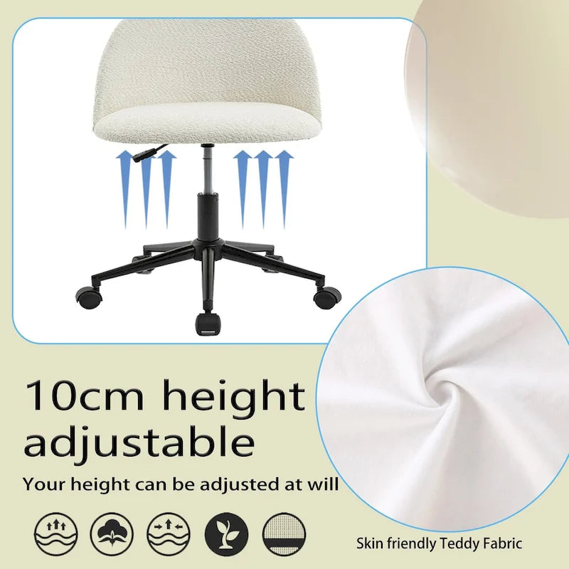 Chaise de bureau pivotante mi-dossier en bouclette blanc/noir ou gris/noir avec pieds et roulettes en métal noir pour 1 personne
