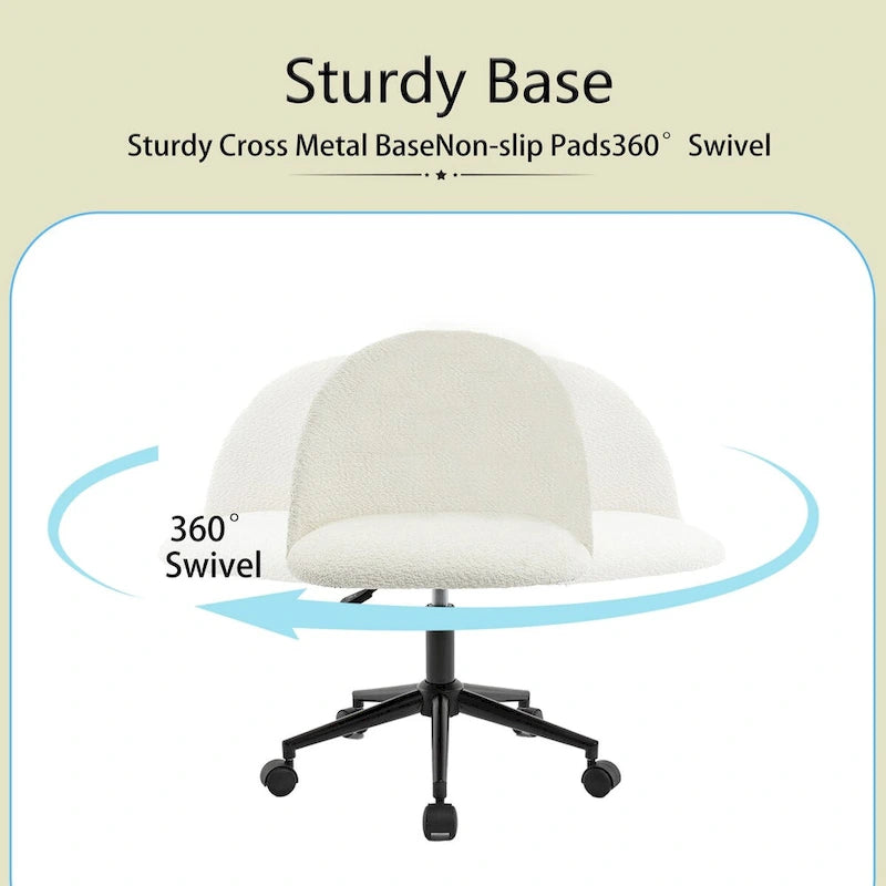 Chaise de bureau pivotante mi-dossier en bouclette blanc/noir ou gris/noir avec pieds et roulettes en métal noir pour 1 personne