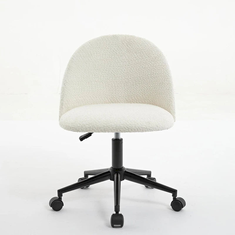 Chaise de bureau pivotante mi-dossier en bouclette blanc/noir ou gris/noir avec pieds et roulettes en métal noir pour 1 personne