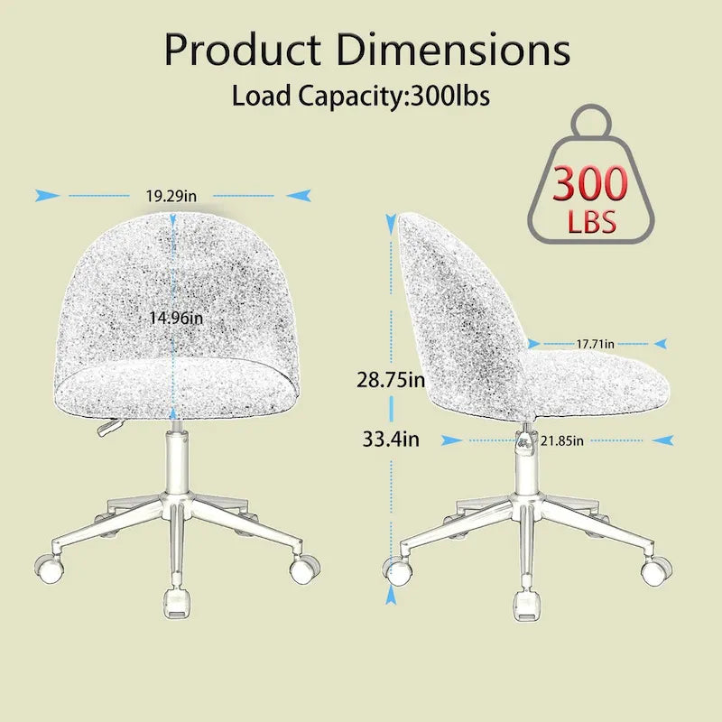 Chaise de bureau pivotante mi-dossier en bouclette blanc/noir ou gris/noir avec pieds et roulettes en métal noir pour 1 personne