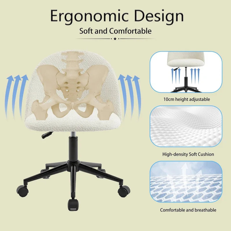 Chaise de bureau pivotante mi-dossier en bouclette blanc/noir ou gris/noir avec pieds et roulettes en métal noir pour 1 personne