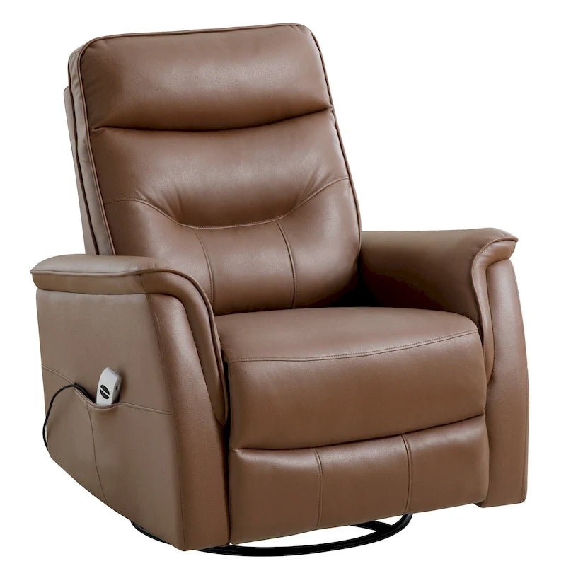 Fauteuil inclinable, pivotant et coulissant électrique avec port USB et porte-gobelets – Beige / Gris / Marron, dossier haut en similicuir moderne, une place