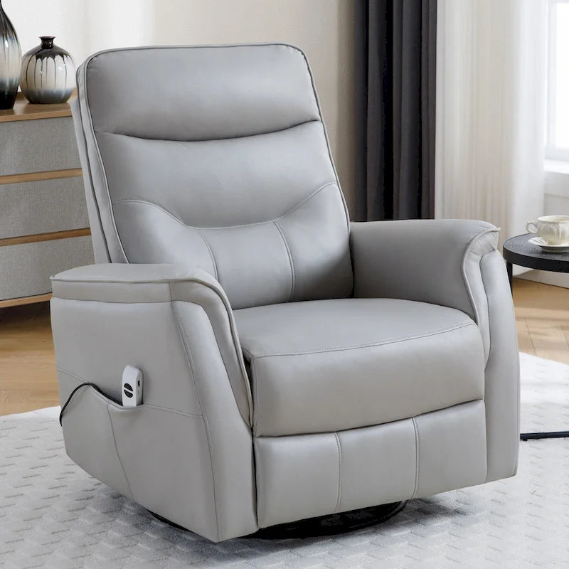 Fauteuil inclinable, pivotant et coulissant électrique avec port USB et porte-gobelets – Beige / Gris / Marron, dossier haut en similicuir moderne, une place