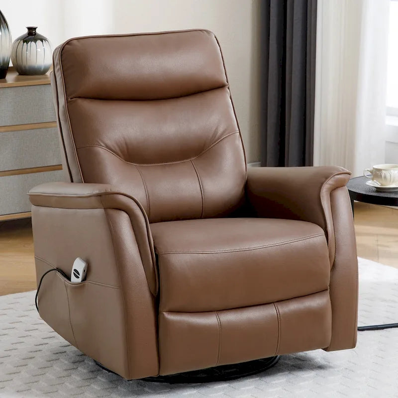 Fauteuil inclinable, pivotant et coulissant électrique avec port USB et porte-gobelets – Beige / Gris / Marron, dossier haut en similicuir moderne, une place