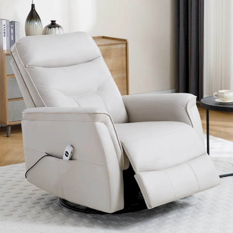 Fauteuil inclinable, pivotant et coulissant électrique avec port USB et porte-gobelets – Beige / Gris / Marron, dossier haut en similicuir moderne, une place