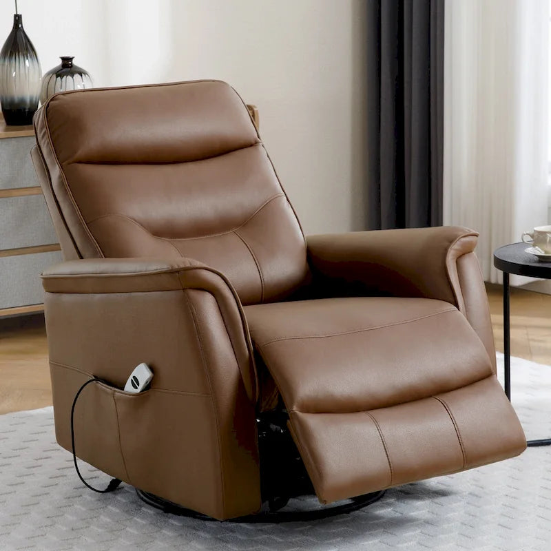 Fauteuil inclinable, pivotant et coulissant électrique avec port USB et porte-gobelets – Beige / Gris / Marron, dossier haut en similicuir moderne, une place