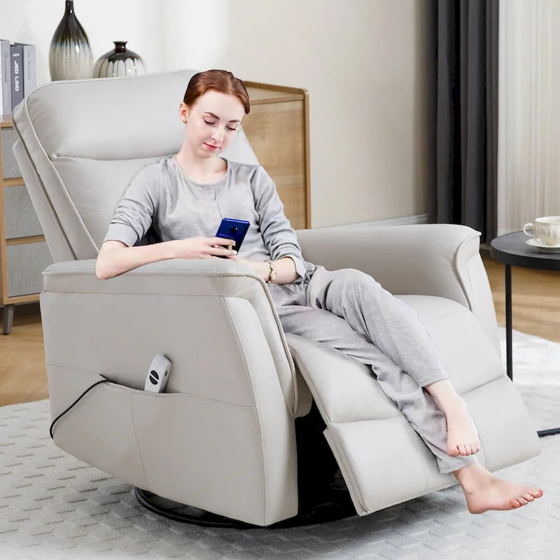 Fauteuil inclinable, pivotant et coulissant électrique avec port USB et porte-gobelets – Beige / Gris / Marron, dossier haut en similicuir moderne, une place