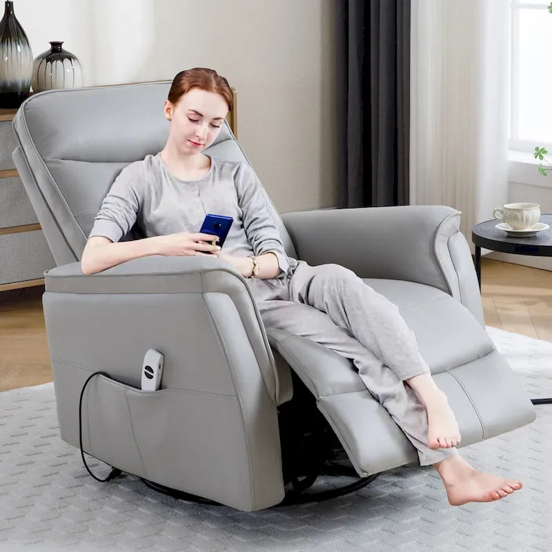 Fauteuil inclinable, pivotant et coulissant électrique avec port USB et porte-gobelets – Beige / Gris / Marron, dossier haut en similicuir moderne, une place