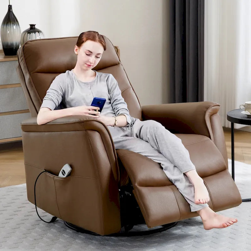 Fauteuil inclinable, pivotant et coulissant électrique avec port USB et porte-gobelets – Beige / Gris / Marron, dossier haut en similicuir moderne, une place