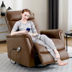 Fauteuil inclinable, pivotant et coulissant électrique avec port USB et porte-gobelets – Beige / Gris / Marron, dossier haut en similicuir moderne, une place