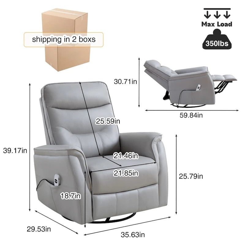 Fauteuil inclinable, pivotant et coulissant électrique avec port USB et porte-gobelets – Beige / Gris / Marron, dossier haut en similicuir moderne, une place