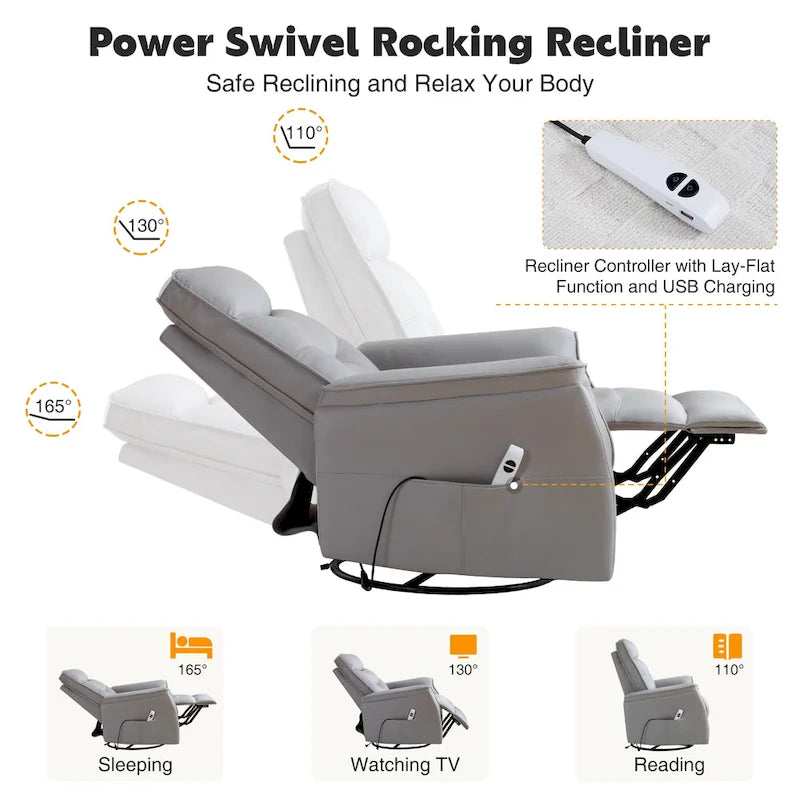 Fauteuil inclinable, pivotant et coulissant électrique avec port USB et porte-gobelets – Beige / Gris / Marron, dossier haut en similicuir moderne, une place