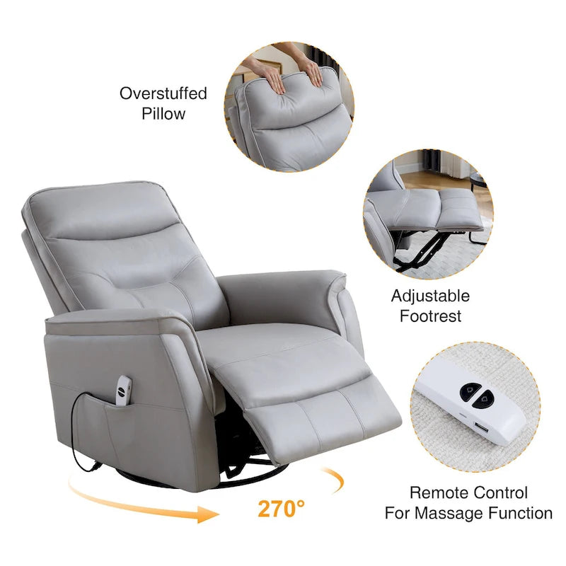 Fauteuil inclinable, pivotant et coulissant électrique avec port USB et porte-gobelets – Beige / Gris / Marron, dossier haut en similicuir moderne, une place