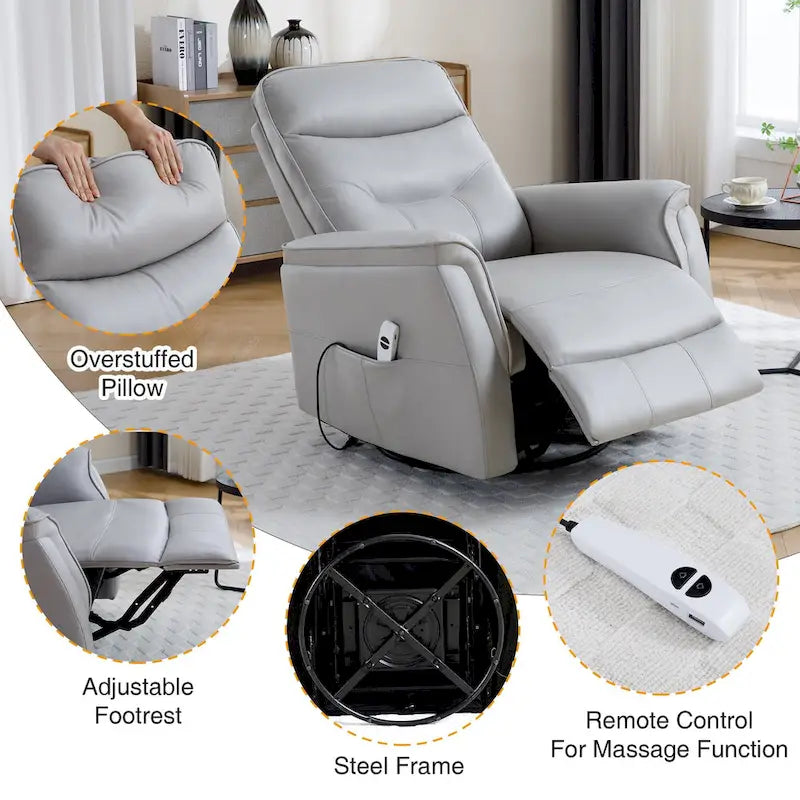 Fauteuil inclinable, pivotant et coulissant électrique avec port USB et porte-gobelets – Beige / Gris / Marron, dossier haut en similicuir moderne, une place
