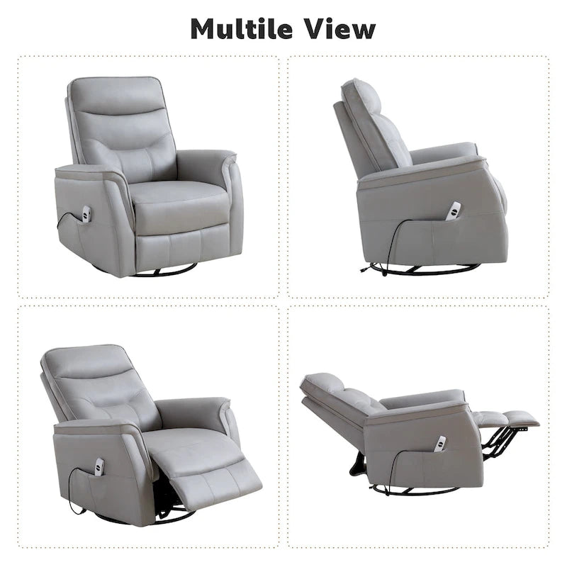 Fauteuil inclinable, pivotant et coulissant électrique avec port USB et porte-gobelets – Beige / Gris / Marron, dossier haut en similicuir moderne, une place