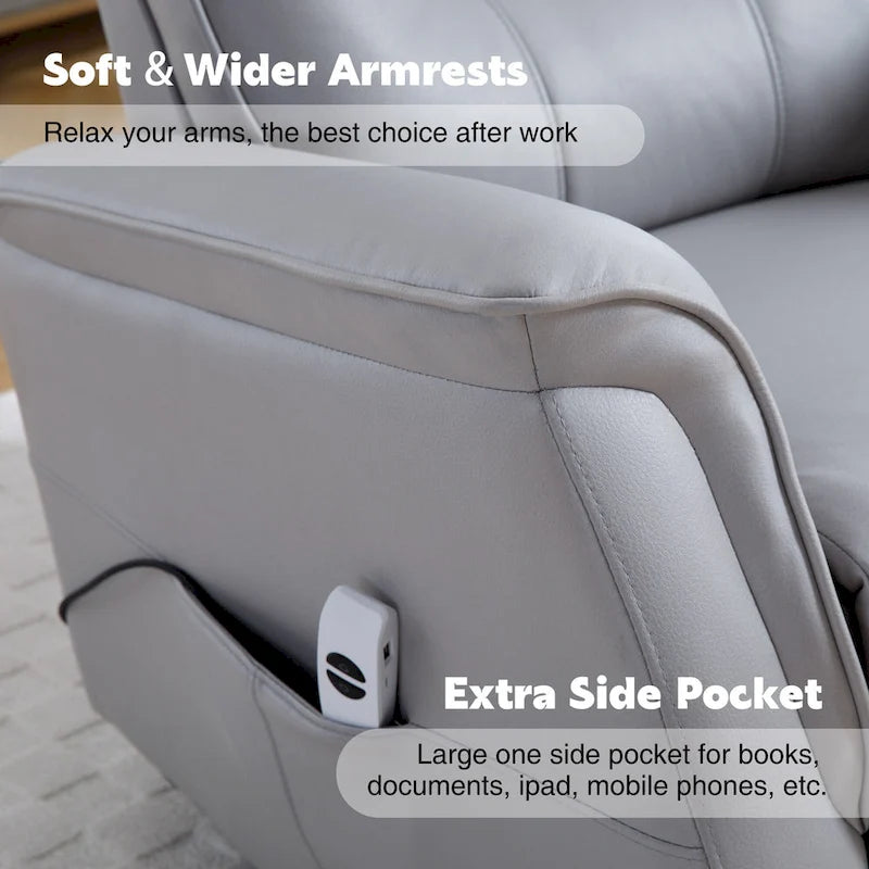Fauteuil inclinable, pivotant et coulissant électrique avec port USB et porte-gobelets – Beige / Gris / Marron, dossier haut en similicuir moderne, une place
