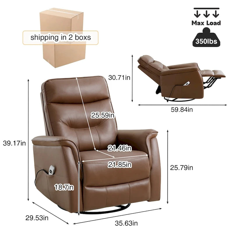 Fauteuil inclinable, pivotant et coulissant électrique avec port USB et porte-gobelets – Beige / Gris / Marron, dossier haut en similicuir moderne, une place
