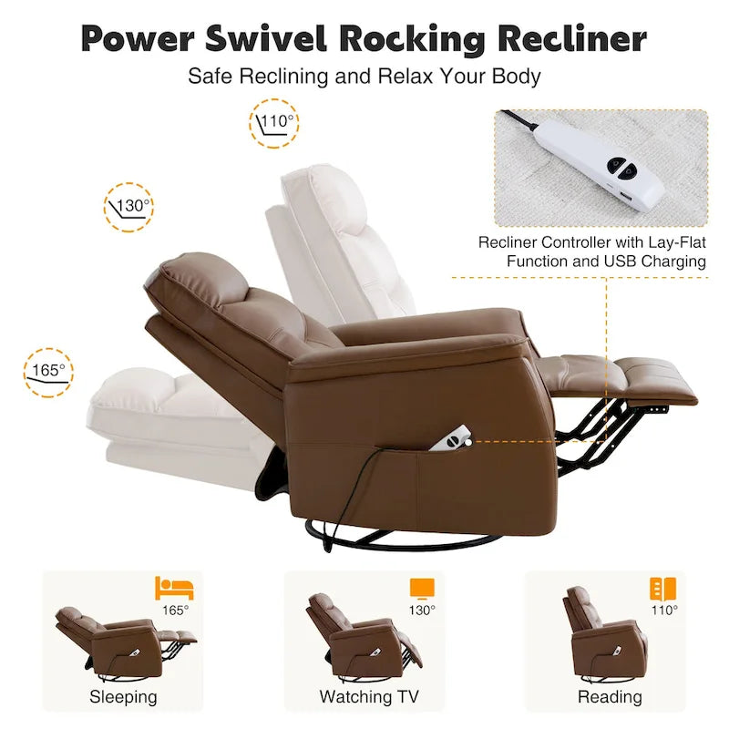 Fauteuil inclinable, pivotant et coulissant électrique avec port USB et porte-gobelets – Beige / Gris / Marron, dossier haut en similicuir moderne, une place