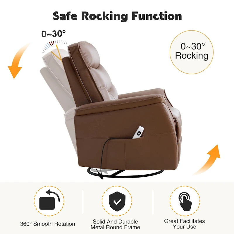 Fauteuil inclinable, pivotant et coulissant électrique avec port USB et porte-gobelets – Beige / Gris / Marron, dossier haut en similicuir moderne, une place
