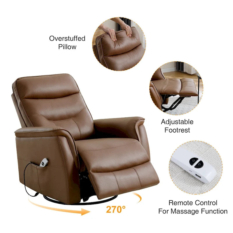 Fauteuil inclinable, pivotant et coulissant électrique avec port USB et porte-gobelets – Beige / Gris / Marron, dossier haut en similicuir moderne, une place