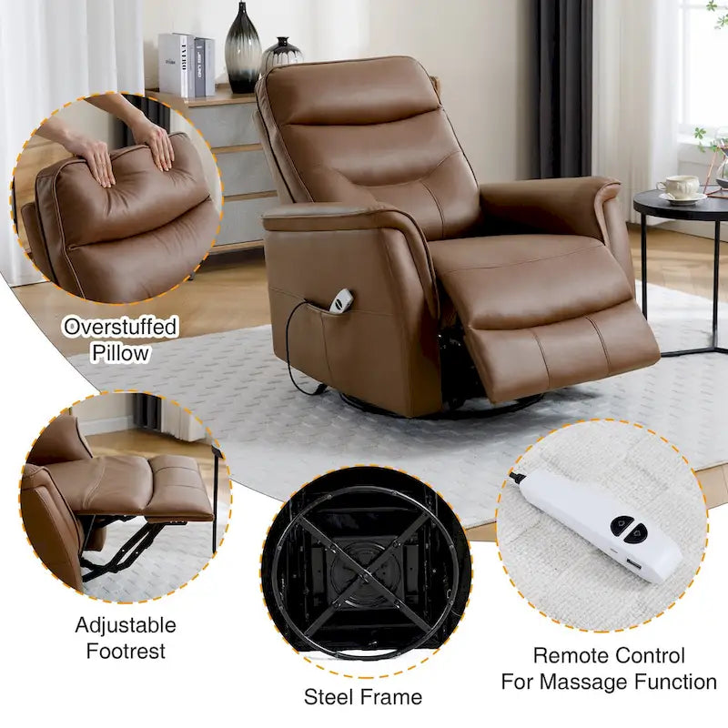 Fauteuil inclinable, pivotant et coulissant électrique avec port USB et porte-gobelets – Beige / Gris / Marron, dossier haut en similicuir moderne, une place