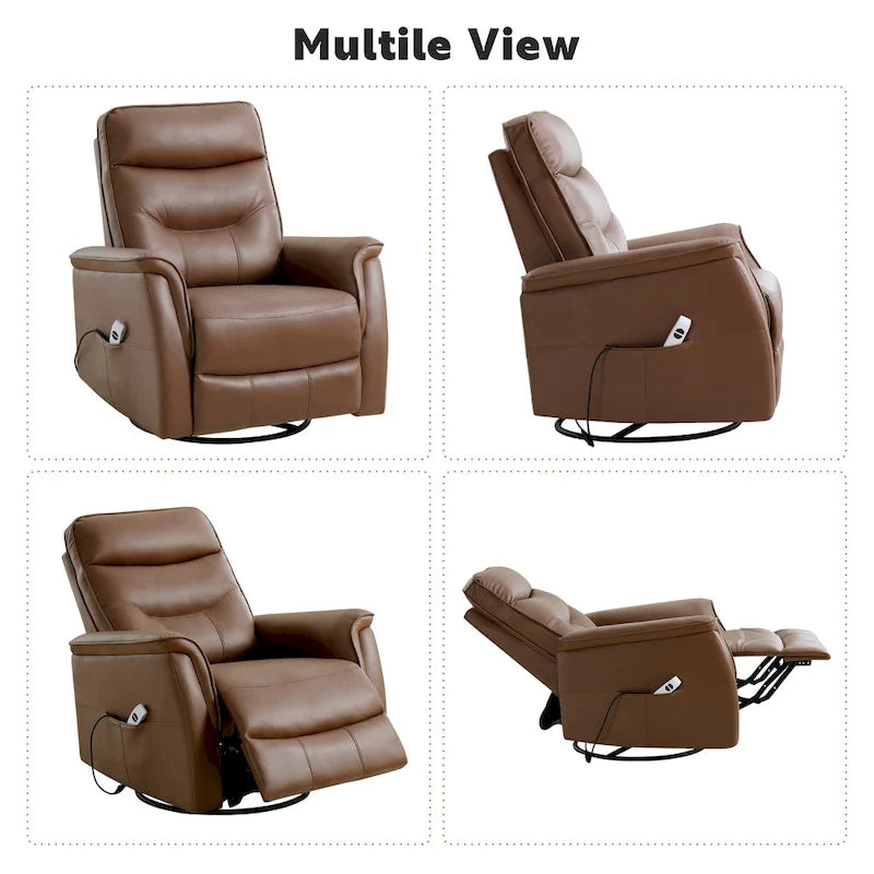 Fauteuil inclinable, pivotant et coulissant électrique avec port USB et porte-gobelets – Beige / Gris / Marron, dossier haut en similicuir moderne, une place