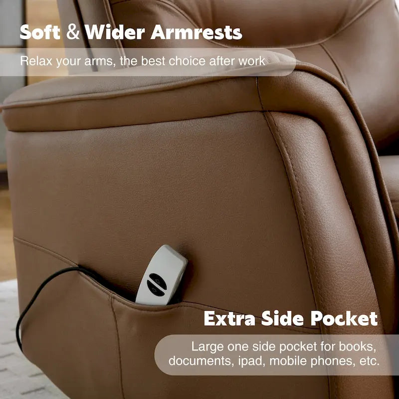 Fauteuil inclinable, pivotant et coulissant électrique avec port USB et porte-gobelets – Beige / Gris / Marron, dossier haut en similicuir moderne, une place