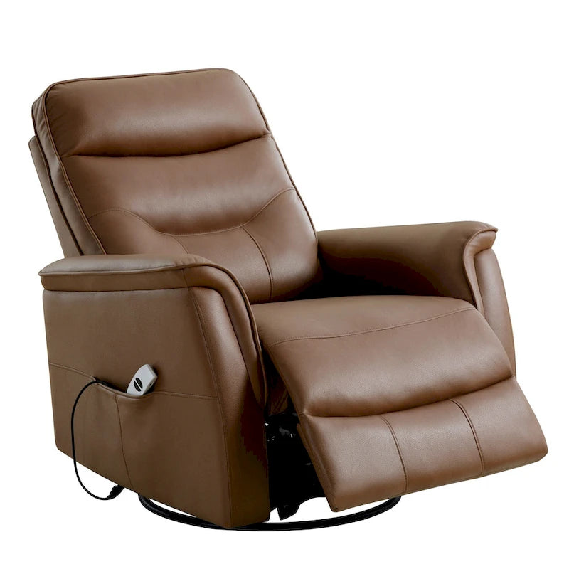 Fauteuil inclinable, pivotant et coulissant électrique avec port USB et porte-gobelets – Beige / Gris / Marron, dossier haut en similicuir moderne, une place