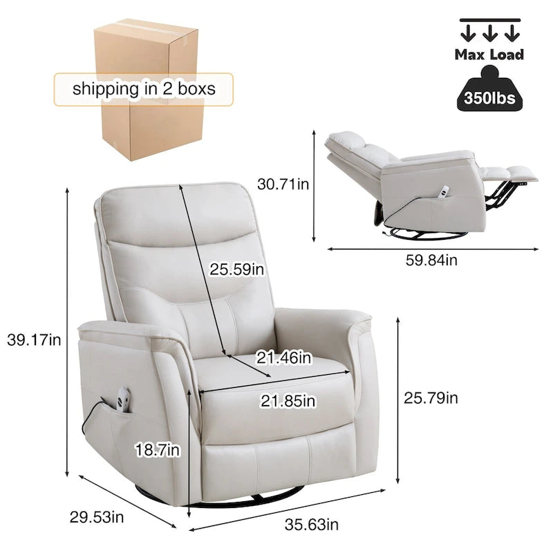 Fauteuil inclinable, pivotant et coulissant électrique avec port USB et porte-gobelets – Beige / Gris / Marron, dossier haut en similicuir moderne, une place