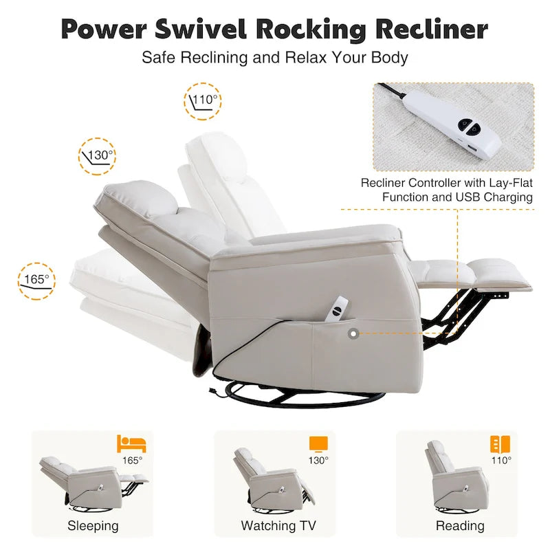 Fauteuil inclinable, pivotant et coulissant électrique avec port USB et porte-gobelets – Beige / Gris / Marron, dossier haut en similicuir moderne, une place