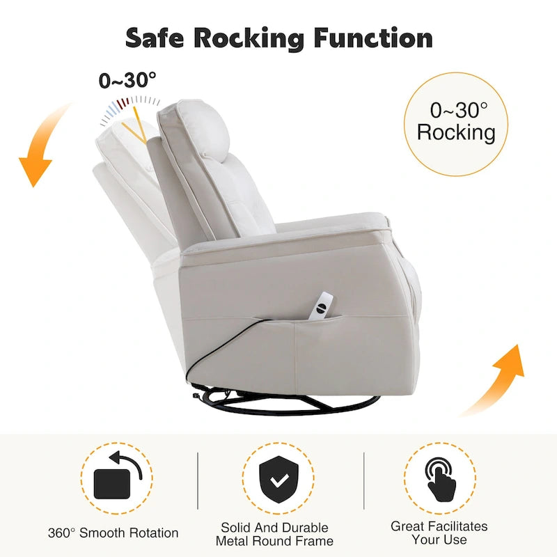 Fauteuil inclinable, pivotant et coulissant électrique avec port USB et porte-gobelets – Beige / Gris / Marron, dossier haut en similicuir moderne, une place