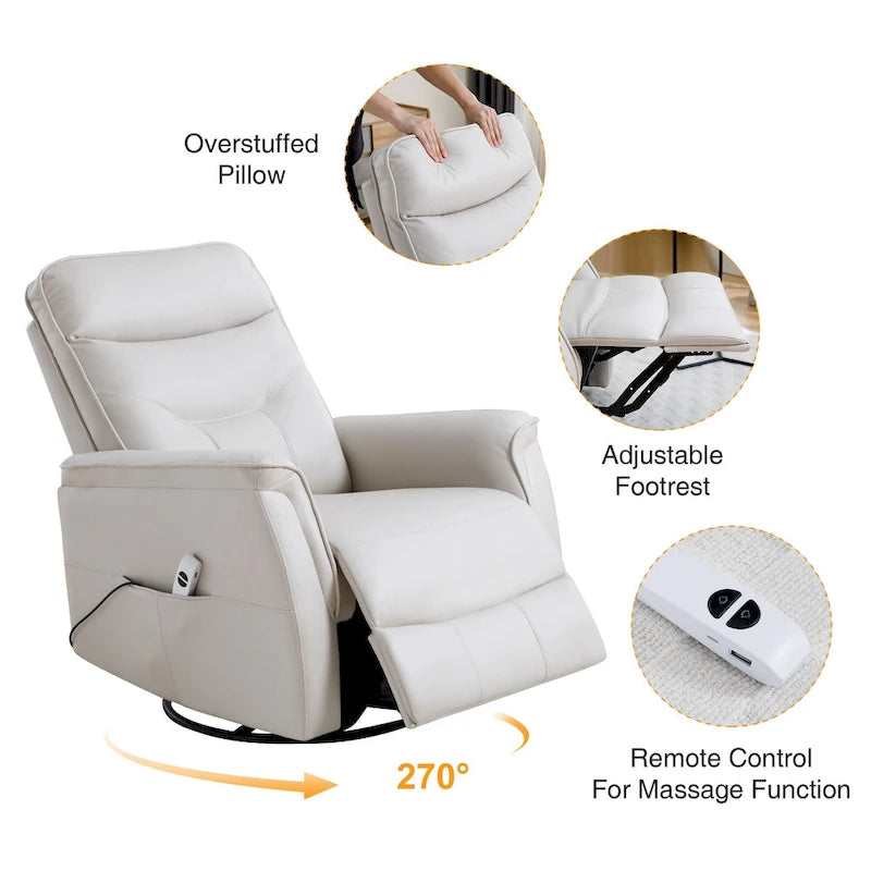 Fauteuil inclinable, pivotant et coulissant électrique avec port USB et porte-gobelets – Beige / Gris / Marron, dossier haut en similicuir moderne, une place