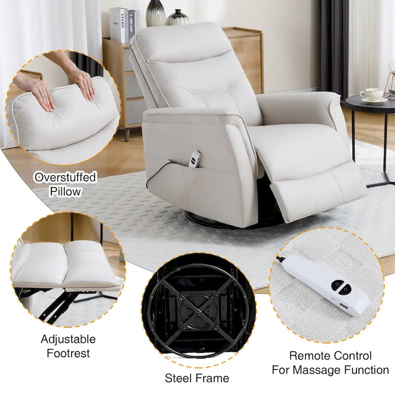 Fauteuil inclinable, pivotant et coulissant électrique avec port USB et porte-gobelets – Beige / Gris / Marron, dossier haut en similicuir moderne, une place