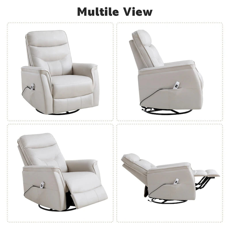 Fauteuil inclinable, pivotant et coulissant électrique avec port USB et porte-gobelets – Beige / Gris / Marron, dossier haut en similicuir moderne, une place