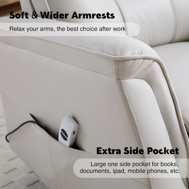 Fauteuil inclinable, pivotant et coulissant électrique avec port USB et porte-gobelets – Beige / Gris / Marron, dossier haut en similicuir moderne, une place