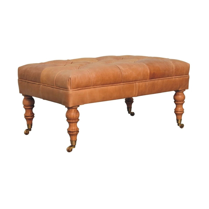 Pouf en cuir de buffle avec pieds à roulettes – Beige / Havane, Traditionnel en bois de manguier massif et capitonné, une place