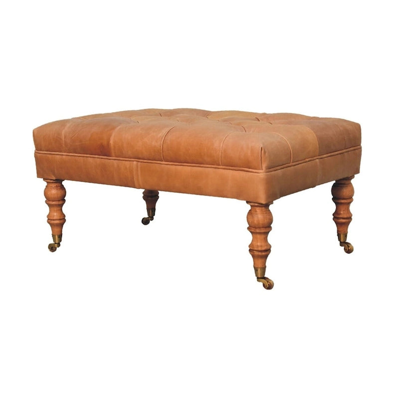Pouf en cuir de buffle avec pieds à roulettes – Beige / Havane, Traditionnel en bois de manguier massif et capitonné, une place