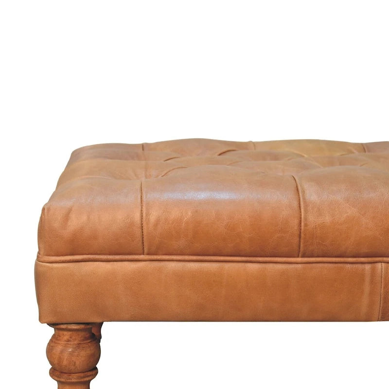 Pouf en cuir de buffle avec pieds à roulettes – Beige / Havane, Traditionnel en bois de manguier massif et capitonné, une place