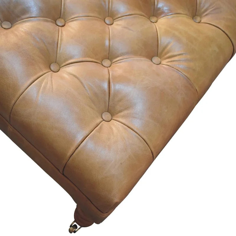 Pouf en cuir de buffle avec pieds à roulettes – Beige / Havane, Traditionnel en bois de manguier massif et capitonné, une place