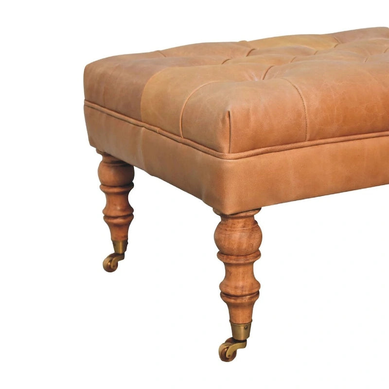 Pouf en cuir de buffle avec pieds à roulettes – Beige / Havane, Traditionnel en bois de manguier massif et capitonné, une place