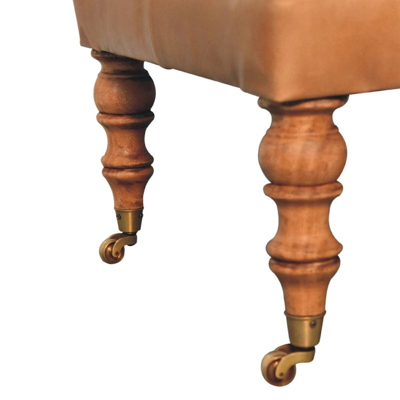 Pouf en cuir de buffle avec pieds à roulettes – Beige / Havane, Traditionnel en bois de manguier massif et capitonné, une place