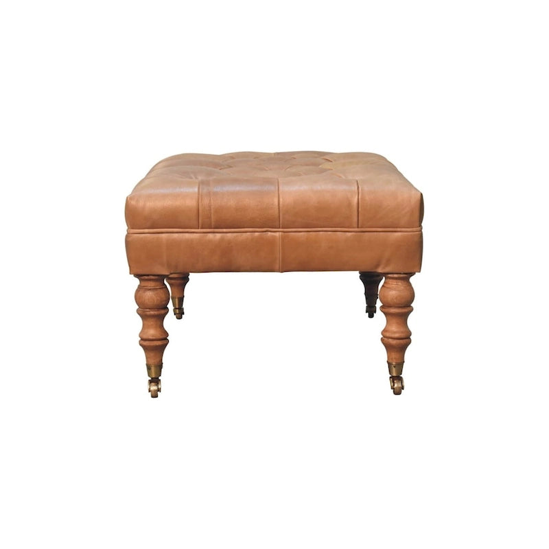 Pouf en cuir de buffle avec pieds à roulettes – Beige / Havane, Traditionnel en bois de manguier massif et capitonné, une place