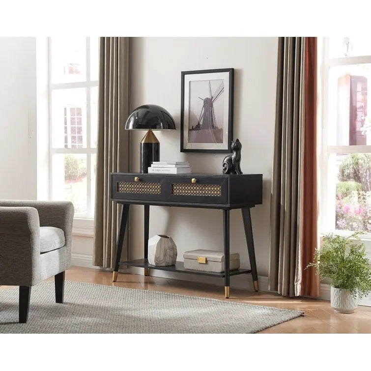Console 2 tiroirs – Noir / Chêne rustique, structure bois et métal, 1–2 utilisateurs