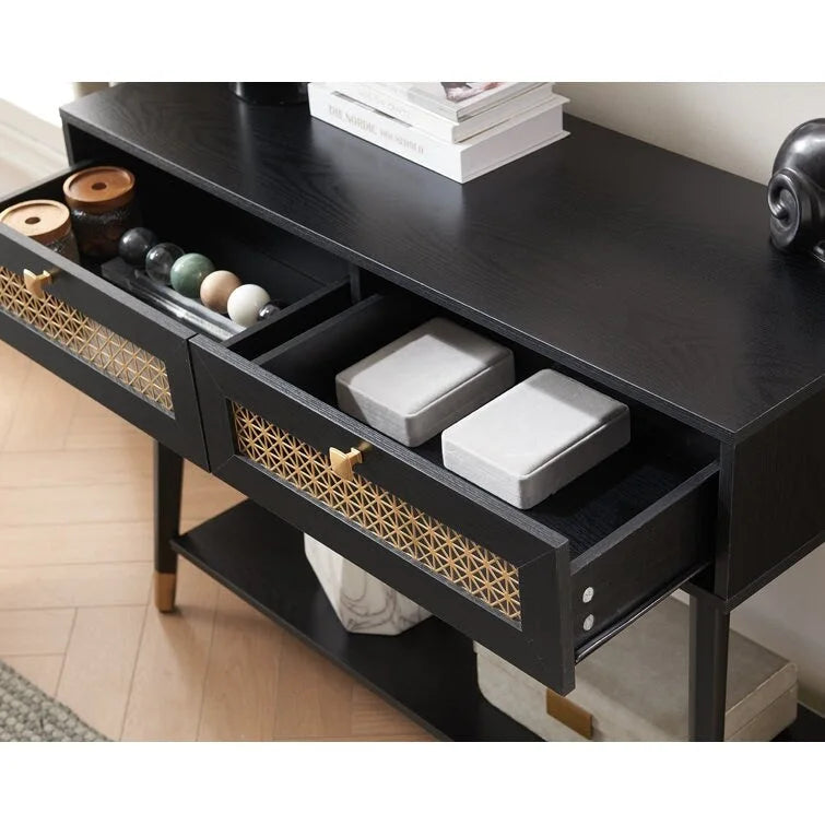 Console 2 tiroirs – Noir / Chêne rustique, structure bois et métal, 1–2 utilisateurs